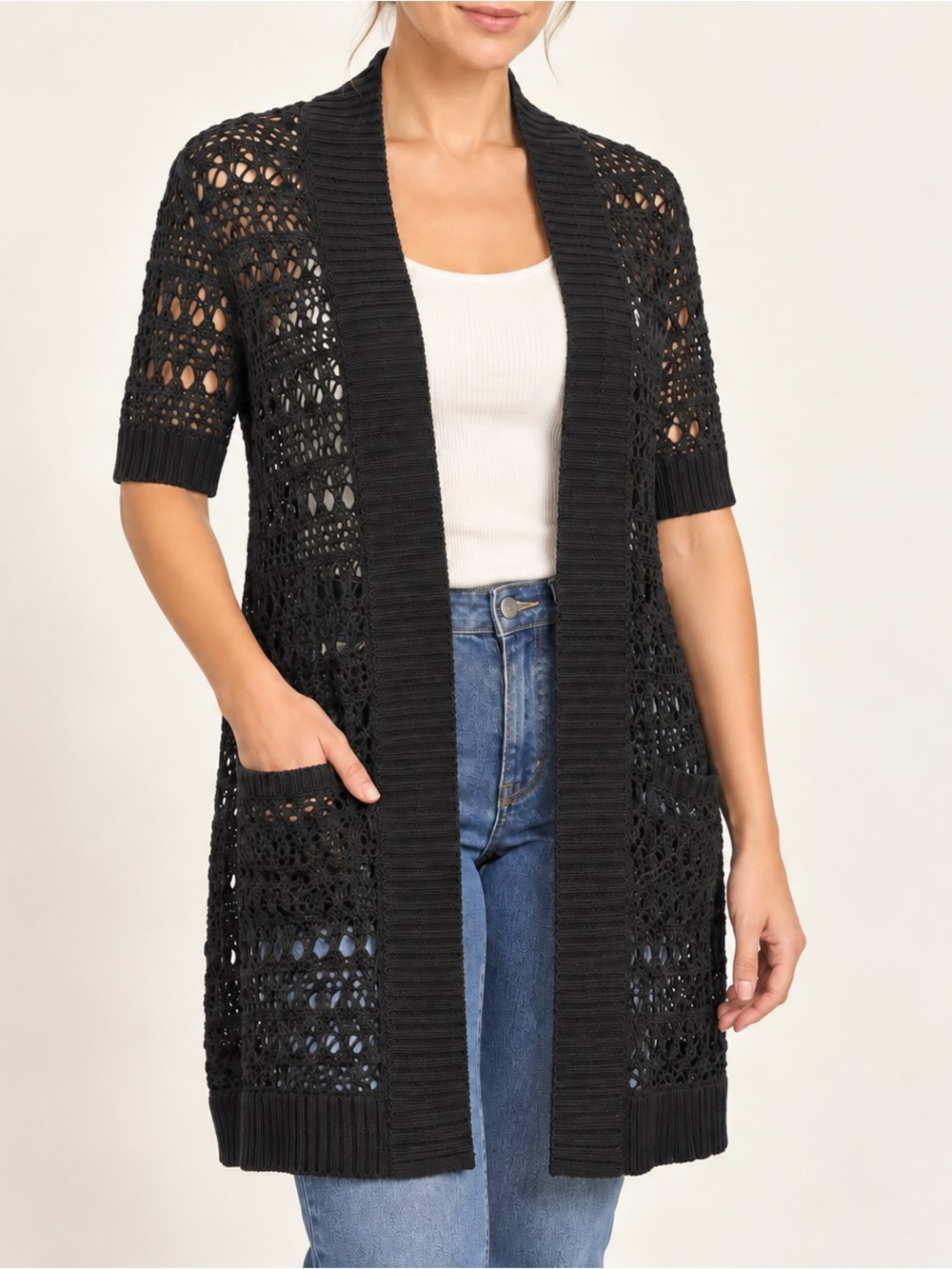Kismet Black Open-Knit Longline Cardigan with Pockets • Medium